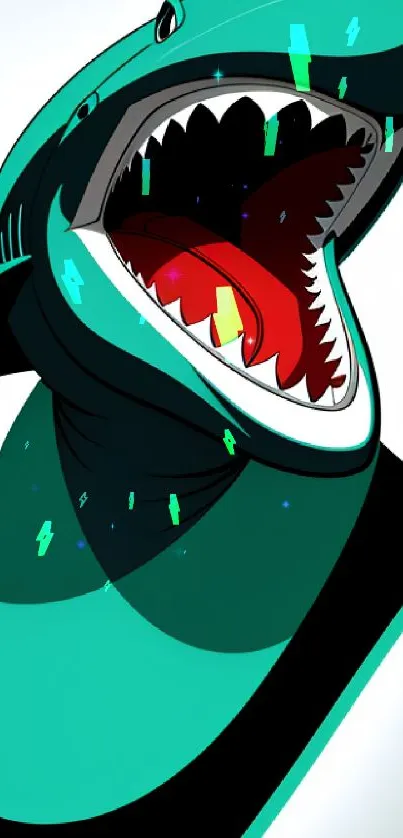 Dynamic teal shark art with an open mouth, bold and colorful.