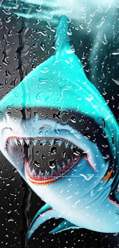 Fierce shark behind glass with raindrop texture, teal hues.