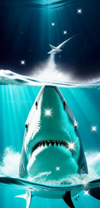 Shark emerges dynamically through vibrant water on an oceanic mobile wallpaper.