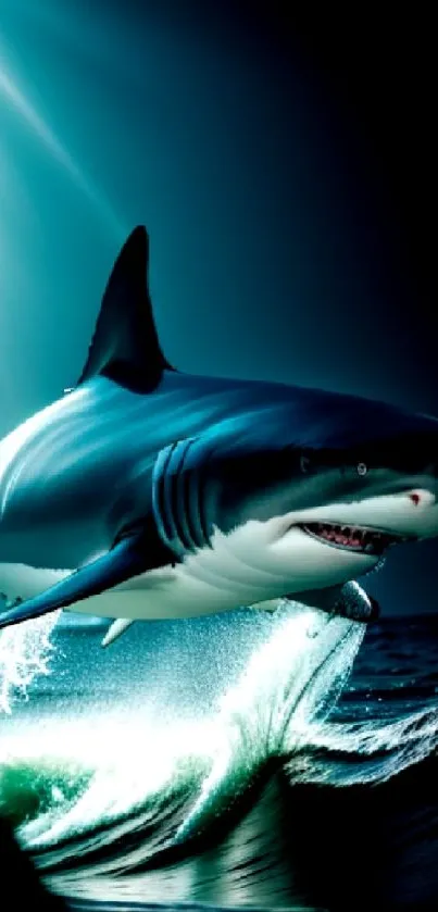 Shark leaping out of ocean waves under radiant sunlight.