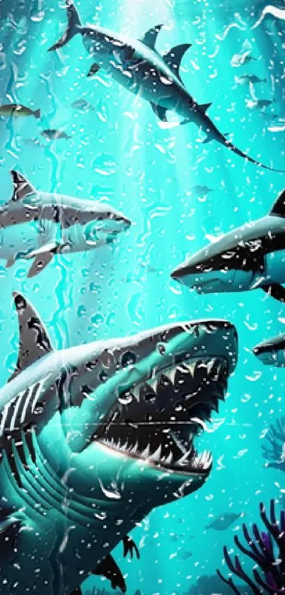 A dynamic wallpaper of sharks swimming in a vibrant, sunlit ocean scene.