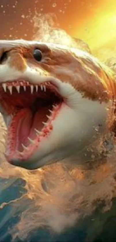 Dynamic shark with open jaws in vivid ocean splash.