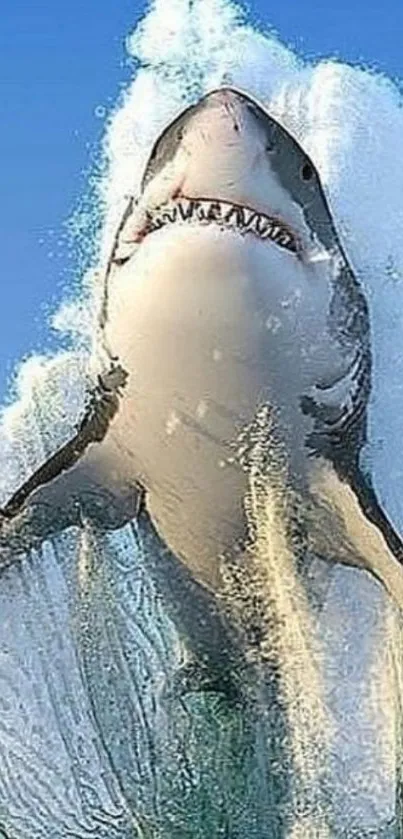 Great white shark leaping from ocean in vibrant display.