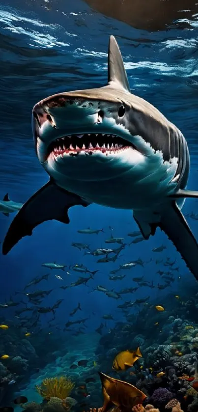 Underwater view of a shark with vibrant coral and marine life.