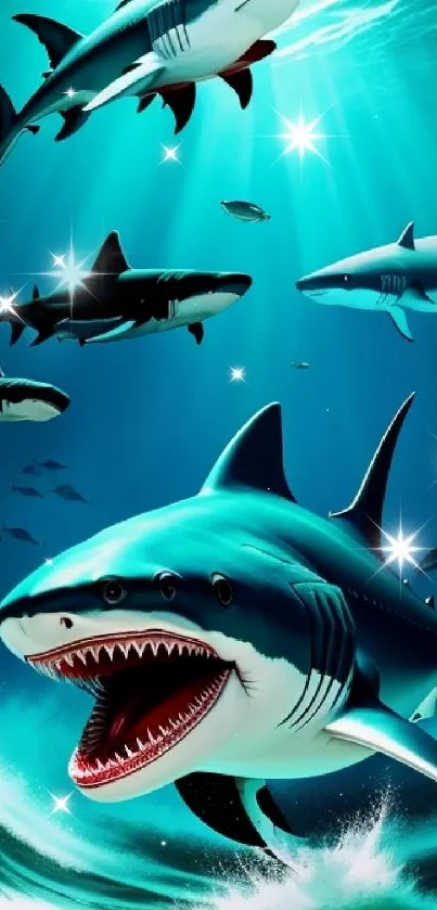 Vibrant wallpaper of sharks swimming in ocean waves.