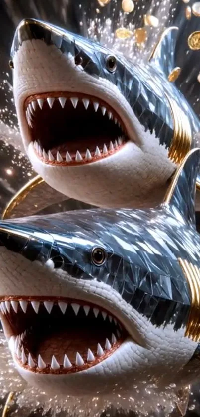 Dynamic sharks with gold coins splash background.