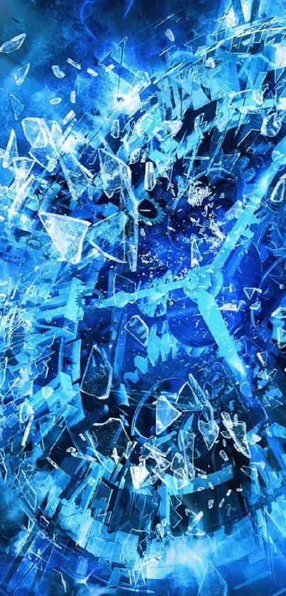 Shattered glass clock with vibrant blue colors creating a dynamic effect.