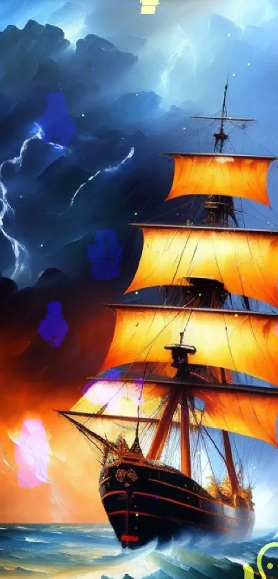 Dynamic ship sailing through stormy seas under orange sails.