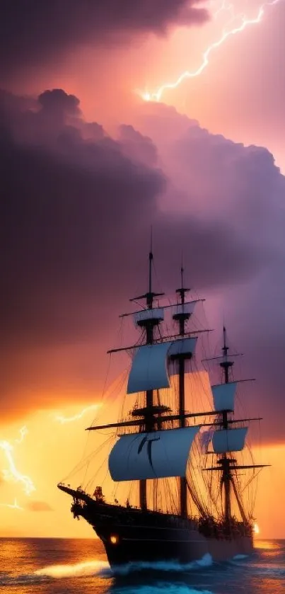 Majestic ship sailing under a vibrant sunset with dramatic lightning.