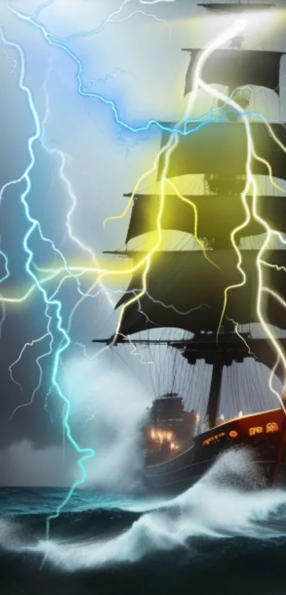 Majestic ship sailing through electric storm with vivid lightning.