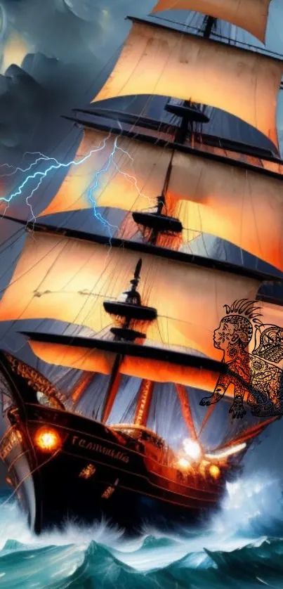 Ship battling a storm with lightning in a vibrant nautical scene.