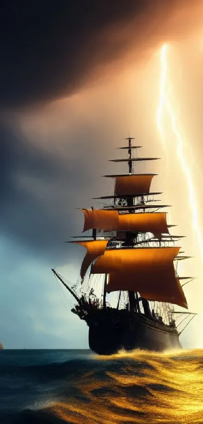 Ship sailing in a storm with dramatic lightning in the background.