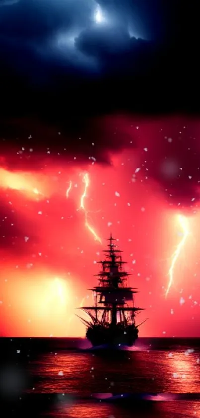 Silhouetted ship amidst red skies and lightning for mobile wallpaper.