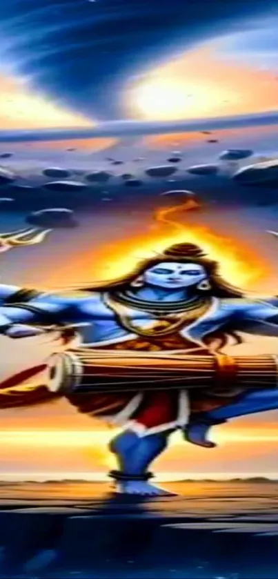 Shiva in cosmic dance with vibrant background.