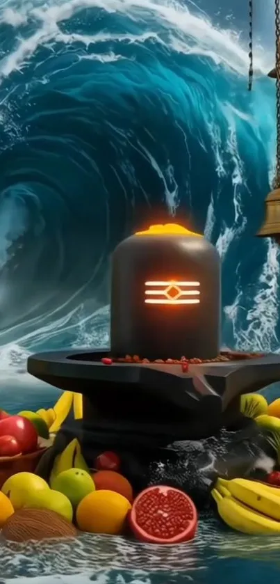 Shiva Lingam with ocean wave background, surrounded by fruits.