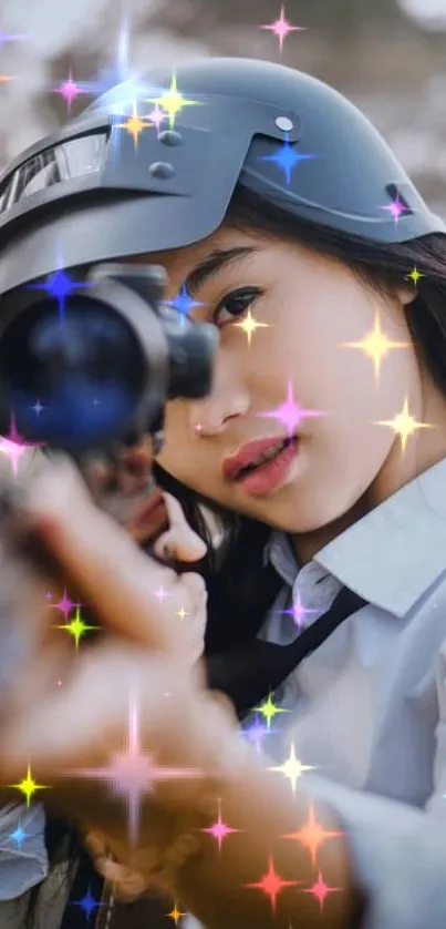 Woman aiming a rifle with colorful sparkles.