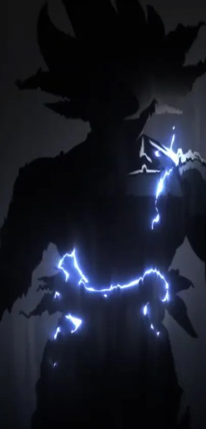 Silhouette with electric blue lightning and dark backdrop.