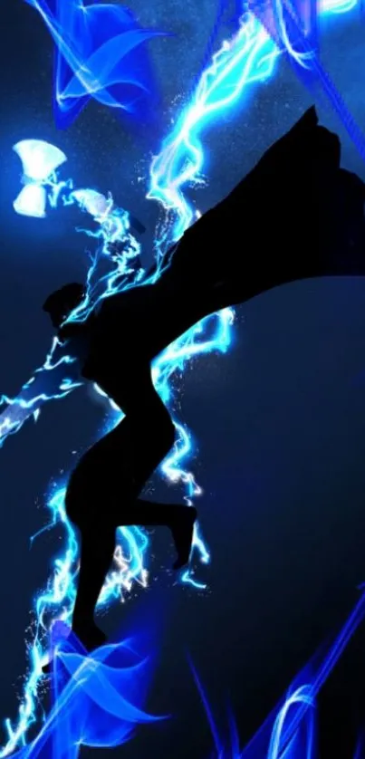 Silhouette with electric blue lightning and dark background.