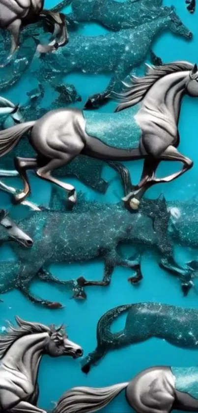 Dynamic silver horses on turquoise background wallpaper.