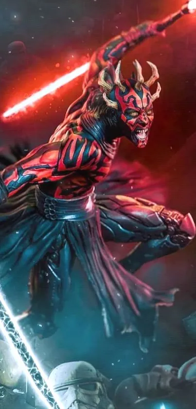 Dynamic Sith warrior with lightsabers in intense battle scene.