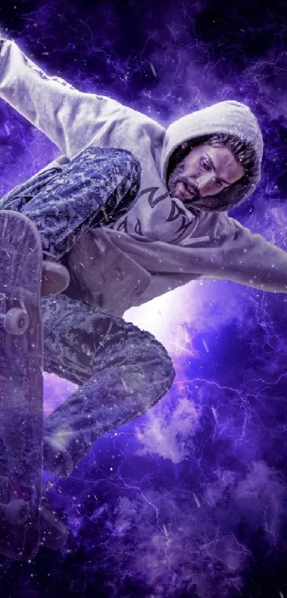 Skateboarder in purple mist performing mid-air trick.