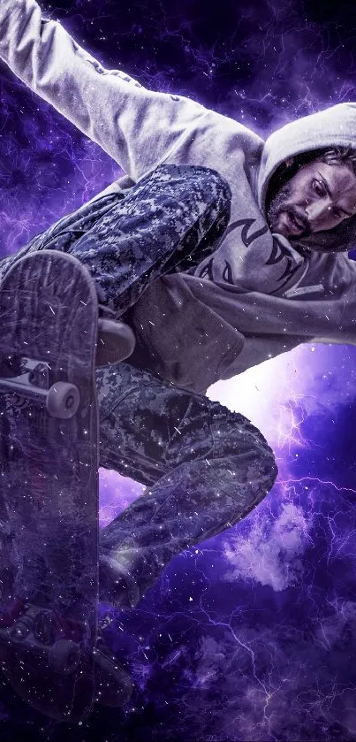 Skateboarder in action with cosmic purple background.