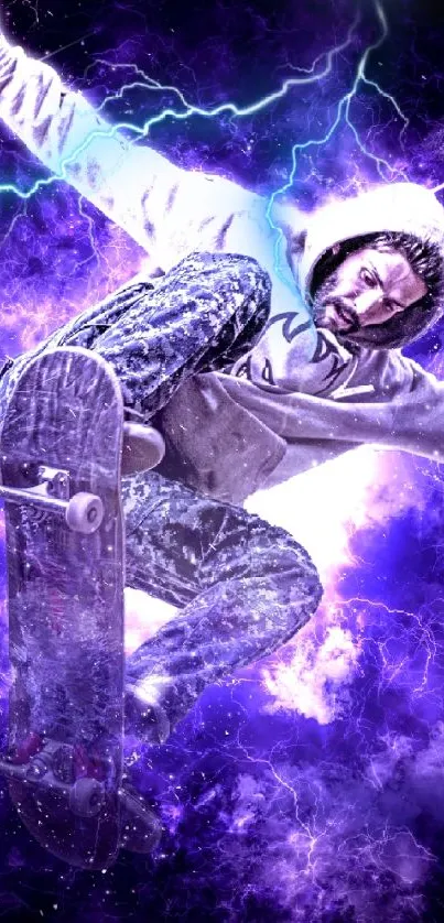 Skateboarder mid-jump in a purple electrifying background wallpaper.