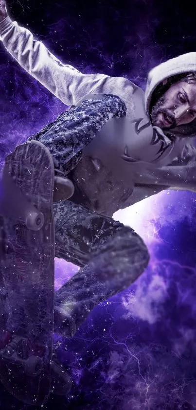 Skateboarder mid-air with purple cosmic background.