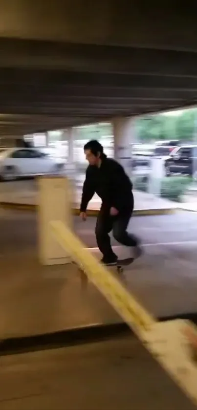 Skateboarder gliding under parking barrier in urban setting.