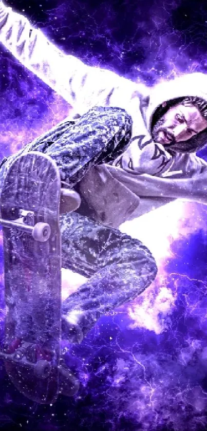 Skateboarder against purple energy backdrop, dynamic mobile wallpaper.