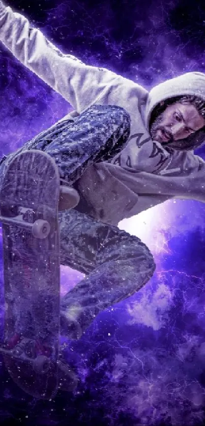 Skateboarder performing mid-air trick against a vibrant purple aura.