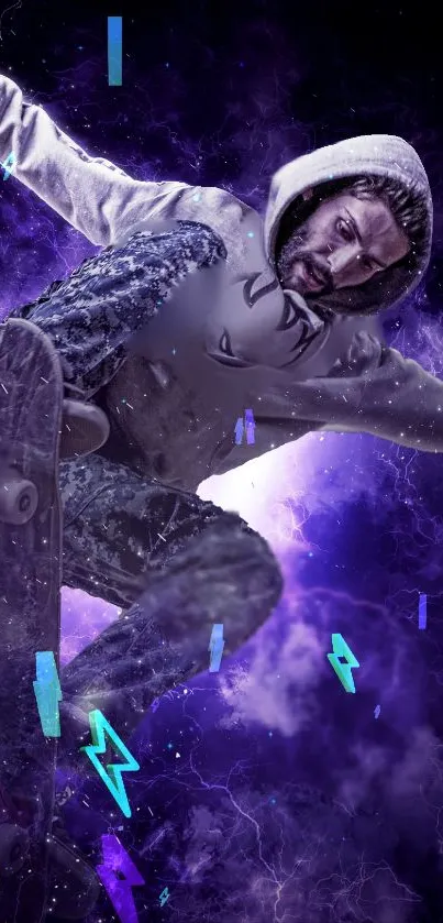 Skateboarder soaring in a dynamic purple sky.