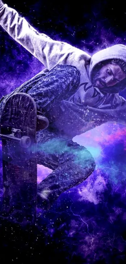 A skateboarder surrounded by vibrant purple cosmic energy.