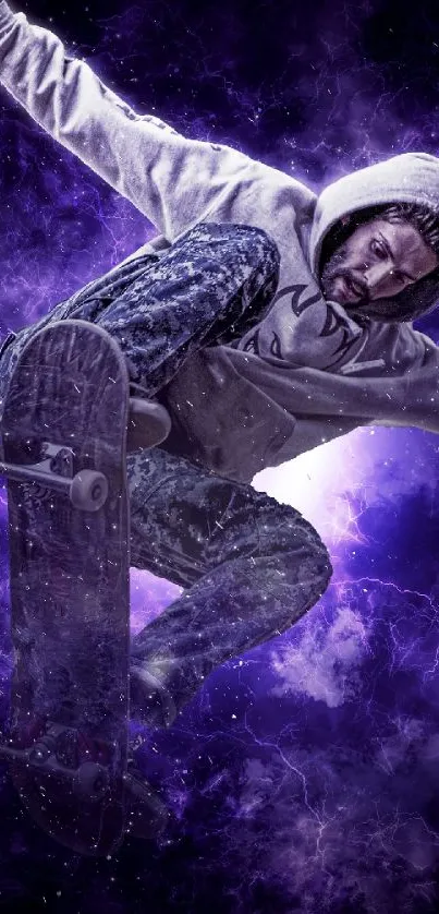 Skateboarder jumping with cosmic purple background.