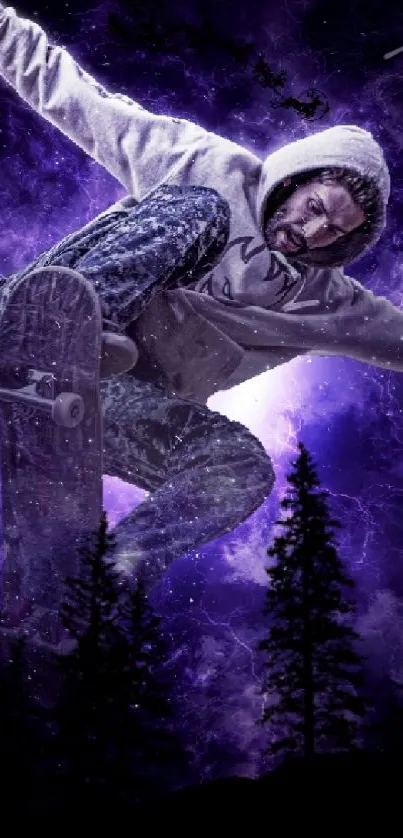 Skateboarder jumps with purple night sky background.