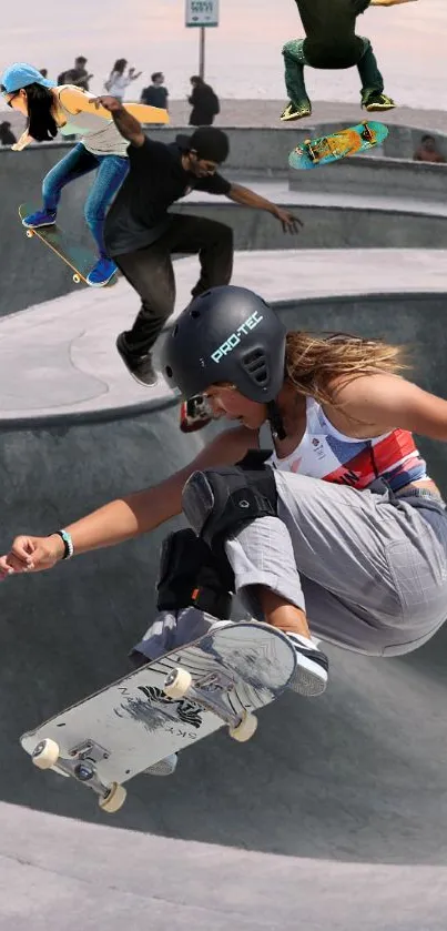 Skateboarders performing tricks at an urban skatepark.