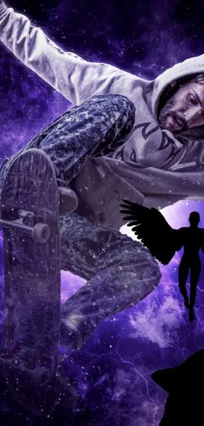 Skater with cosmic background and angel silhouette.