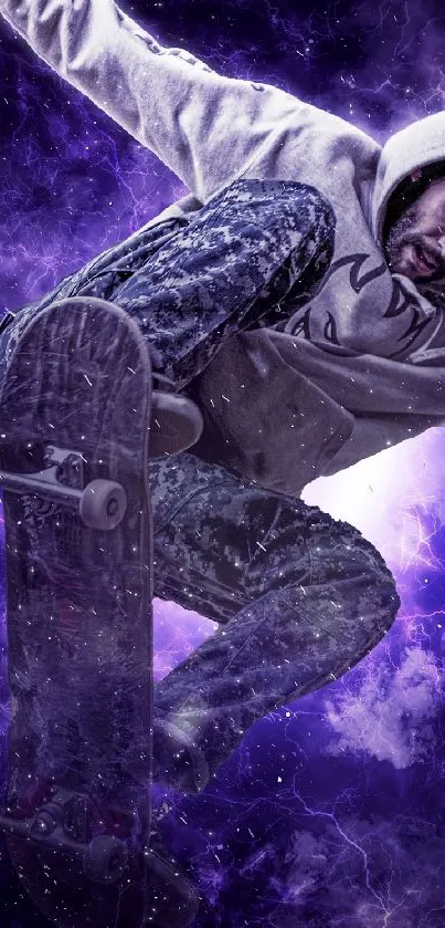 High-energy skateboarder in purple galaxy background.