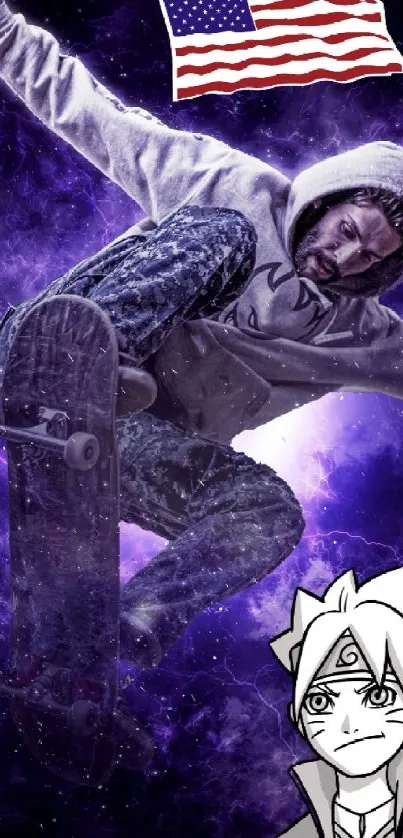 Skater in action with purple lightning and anime theme.