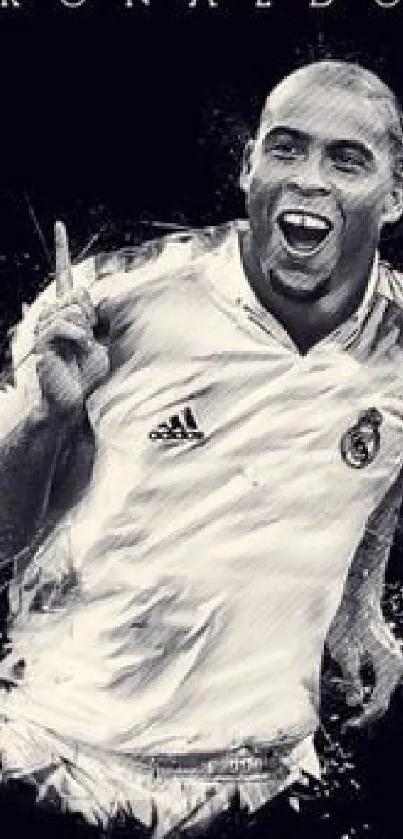 Artistic footballer sketch in monochrome on mobile wallpaper.