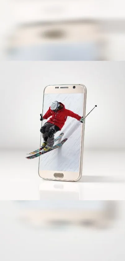 A skier jumps out of a smartphone screen, creating an exciting 3D effect.