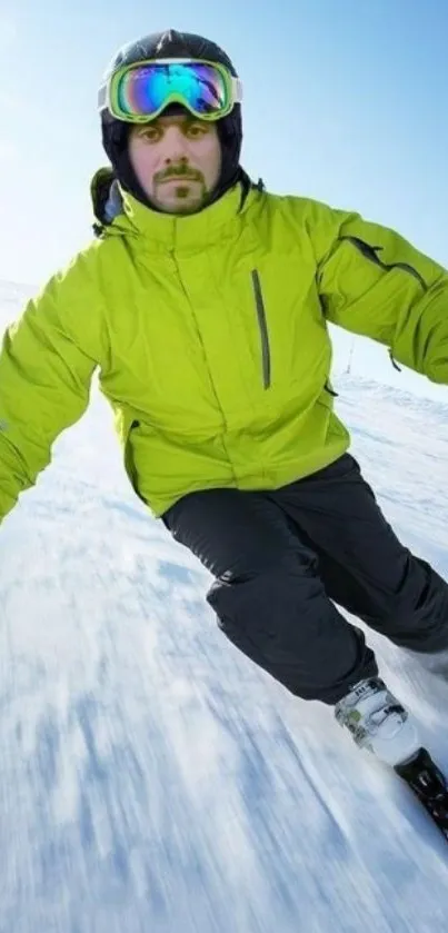 Skier in lime green jacket racing downhill.