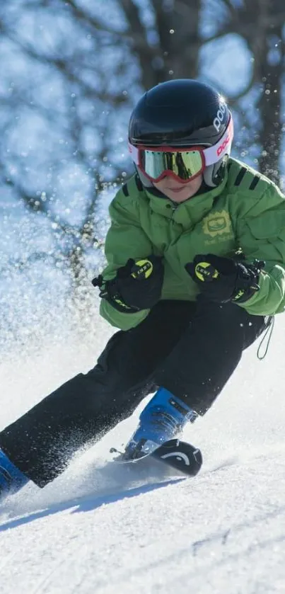 Skier in action on snowy slope with blue sky.