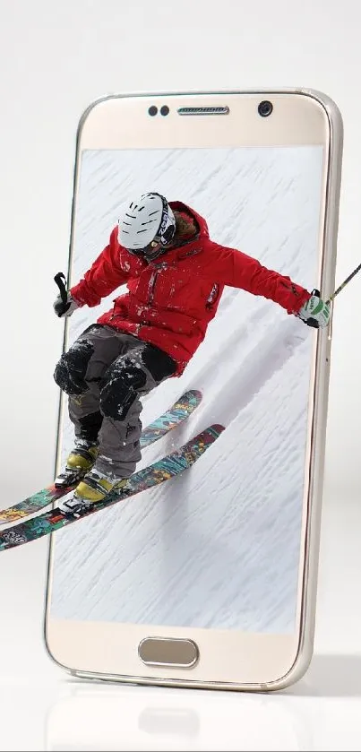 Skier jumps out from a smartphone screen in this dynamic wallpaper.