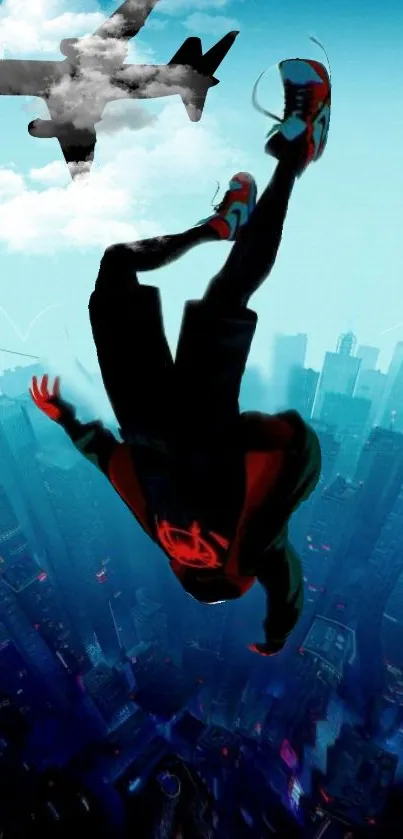 Acrobatic dive over futuristic cityscape with blue sky and skyscrapers.