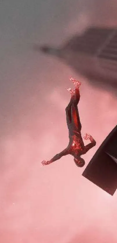 Superhero jumps from a skyscraper against a cloudy rose-colored sky.