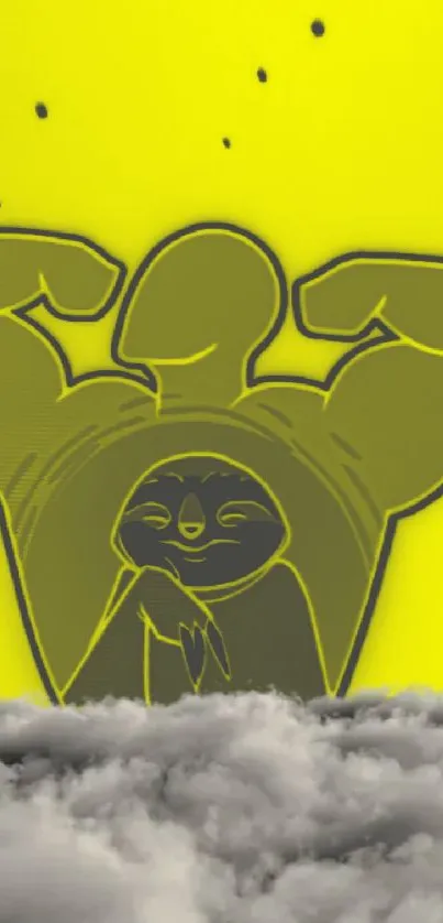 Cartoon sloth flexing in clouds with bright yellow background.