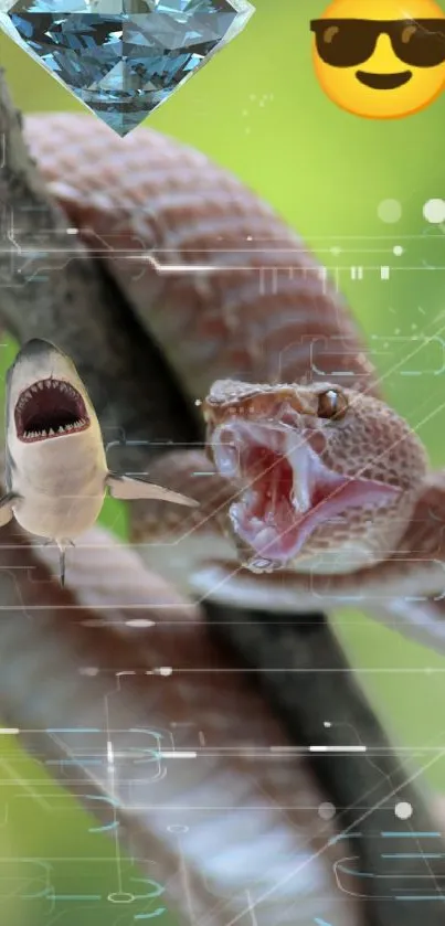 Dynamic wallpaper featuring snake and shark with digital and emoji elements.