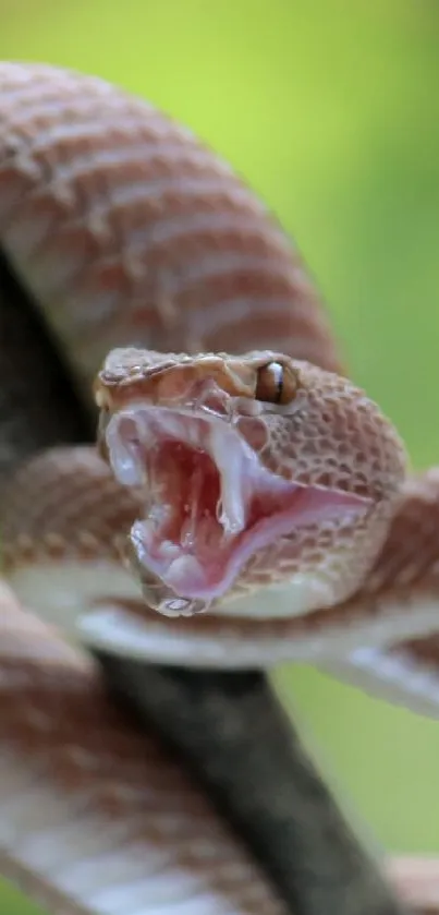 Striking image of a snake coiled on a branch with an open mouth.