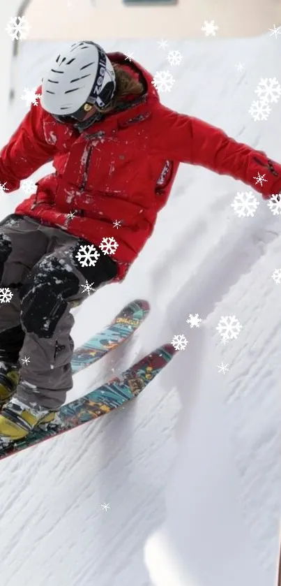 Snowboarder in red jacket on snowy mountain slope.